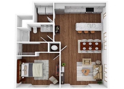 a stylized floor plan with a bedroom and a living room